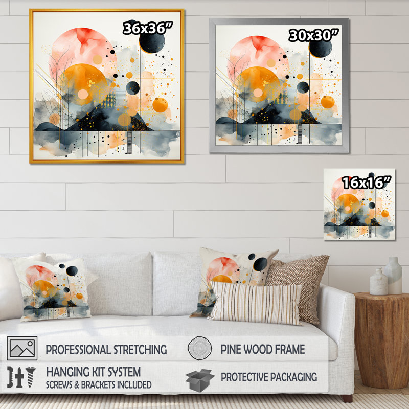 Paysage moderne noir et jaune forêt II - Art abstrait paysage mural, Cadre simple noir, H 36 po x l 36 po x P 1,5 po