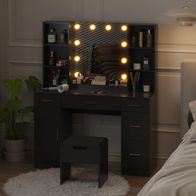 Vanity Desk With Led Lighted Mirror,Makeup Vanity With 10 Led Lights & 5 Metal Sliding Drawers, 3 Color Brightness Adjustable, Vanity Table With 6 Open Shelves, Dressing Table