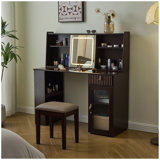 Elegant makeup vanity desk with 3 modes Adjustable Lighted Mirror,modern dressing table set with large shelves, drawer and canbinet,Walnut