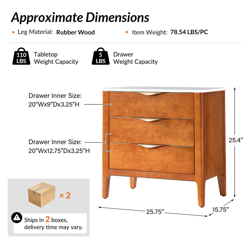Burdine Modern 25.75'' W 3-Drawer Elegant Marble Top Nightstand with Built-In Power Outlet Set of 2, Acorn