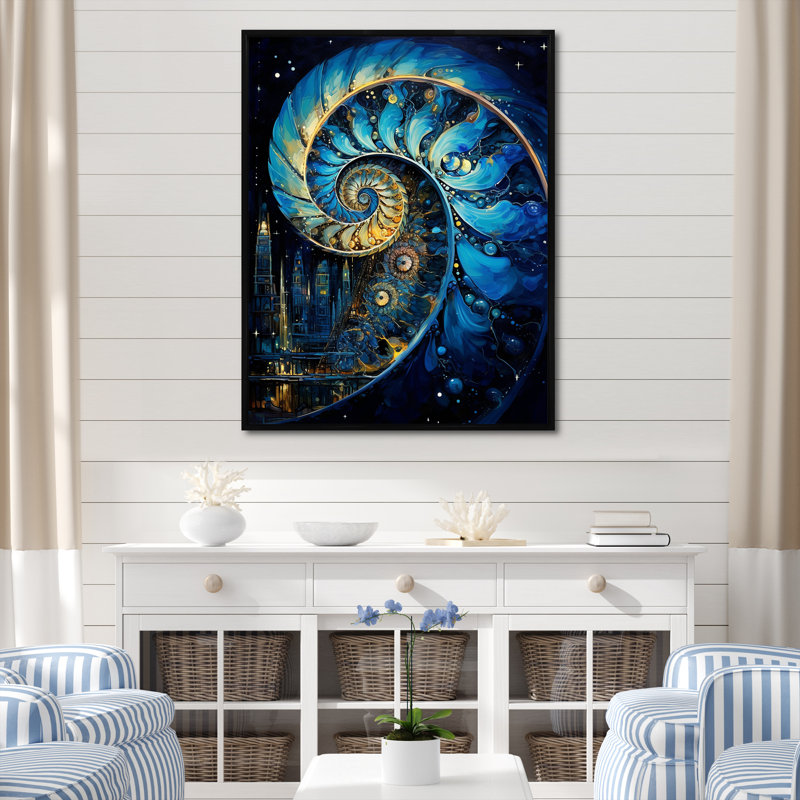 Nautilus, saphir, coquillages sur toile, H 32 po x l 24 po x P 1 po, Cadre flottant noir