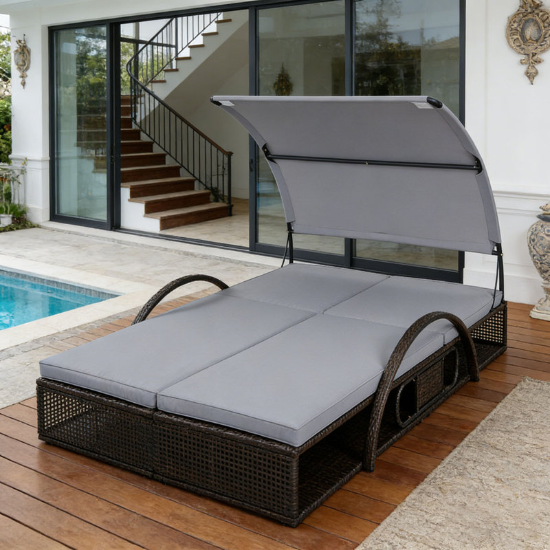 Outdoor Steel Frame Sun Lounger with Adjustable Backrest,Patio Double Sunbed with Hidden Side Table and Arched Armrests, Gray