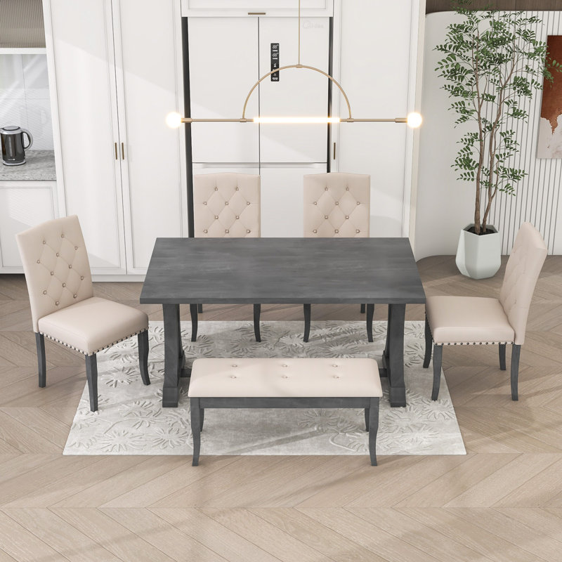 Tunnelhill 6-Piece Dining Set, Spacious Table with 4 Cushioned Chairs and Comfortable Bench, Antique Grey