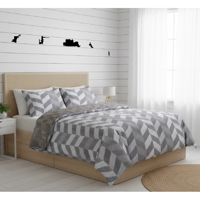 Cotton Chevron Duvet Cover Set, Double Duvet Cover Set + 3 Additional Pieces, Grey Chevron