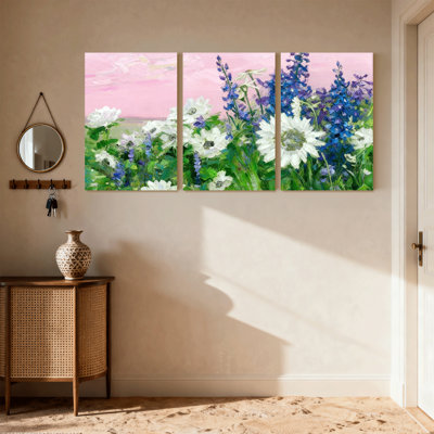 Ensemble de 3 reproductions d'art sur toile avec fleurs blanches et bleues