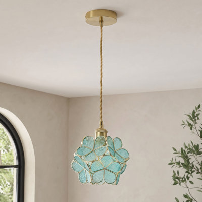1-Copper flower shaped dimmable blue glass pendant light