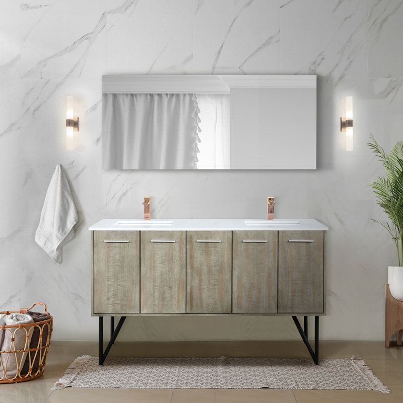 Ensemble de meuble-lavabo double en acacia rustique P 20 po, comptoir en quartz, robinet et miroir 55 po, L 60 po