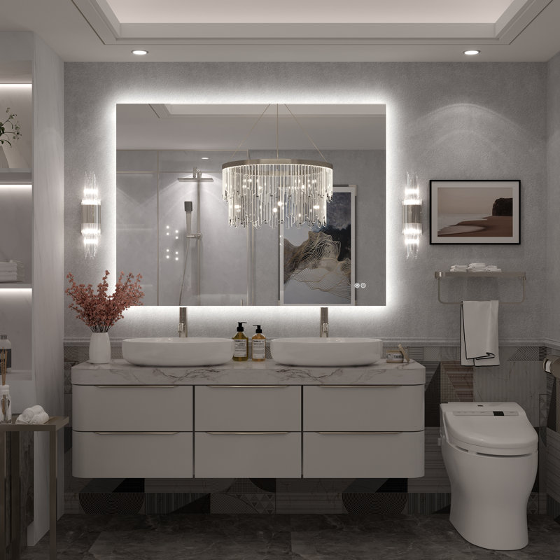 Molly Rectangle/Round/Oval LED Anti-Fog Tempered Glass Wall Bathroom Vanity Mirror - UL Certified, 48" x 36", Rectangle