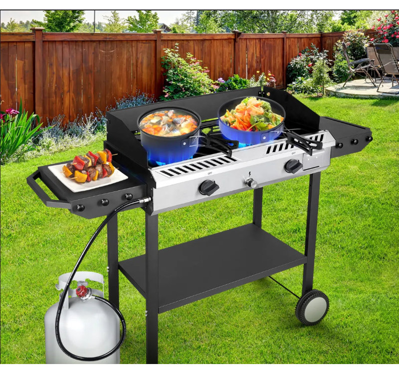 Réchaud de camping au propane à allumage automatique avec tablettes latérales | Double brûleur de 150 000 BTU, comprenant un régulateur pour le patio, la cour arrière et le camping extérieur