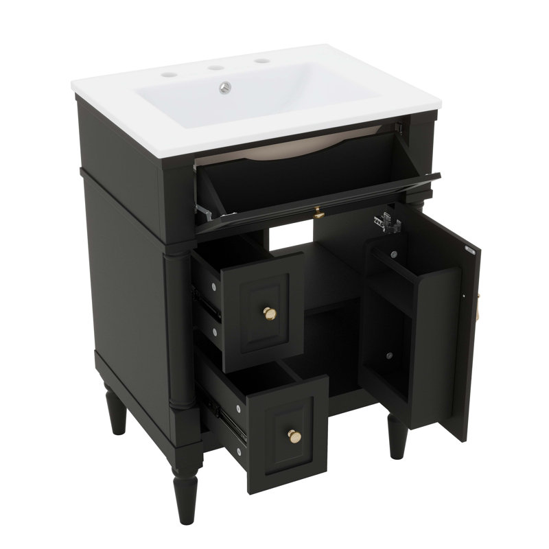 Meuble-lavabo de salle de bain avec lavabo intégré, armoire autoportante avec tiroir rabattable et tablette réglable, Noir