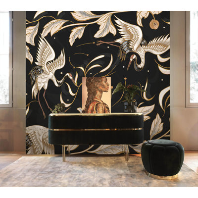 Dark Crane Birds Brown Retro Florals Asian Leaves Removable Wallpaper