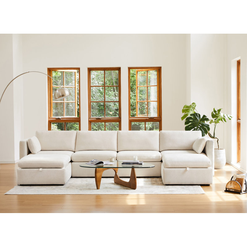 Canapé modulaire rembourré 146,5 po Winfree, Mélange de lin beige