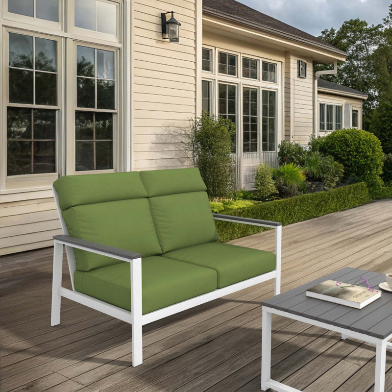 Townsend Metal Outdoor Loveseat With Sunbrella Cushion, Gray, Spectrum Cilantro