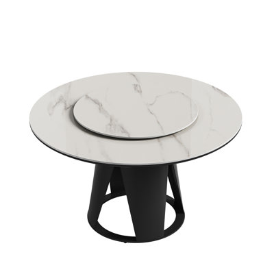 Table de salle à manger moderne en pierre frittée 59 po avec table tournante ronde de 35,4 po pour 6 à 8 personnes avec piédestal en métal