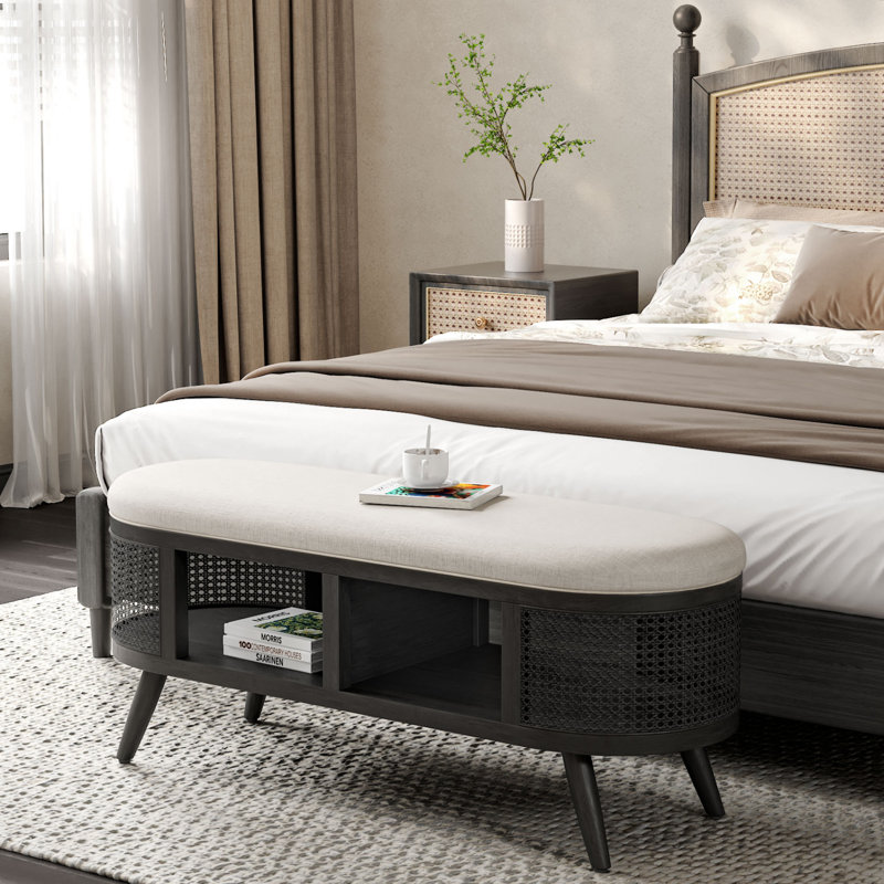 Banc de rangement en rotin avec siège rembourré Boho, Noir