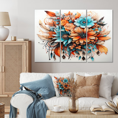 Art mural sur toile botanique, décoration florale bohème - Bouquet de fleurs bohémiennes en bleu et orange ambré
