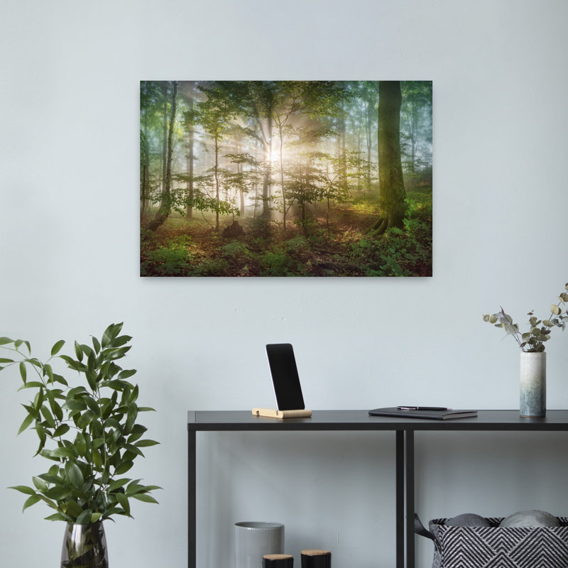 «Morning Sun», art contemporain de paysage forestier abstrait, H 16 po x l 24 po
