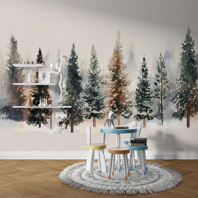 Hiver, aquarelle, forêt de pins, L 108 po x l 96 po