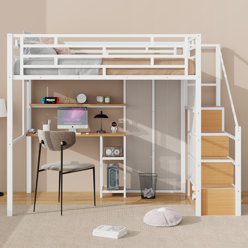 Lit mezzanine avec garde-robe, bureau, tablettes de rangement, Blanc