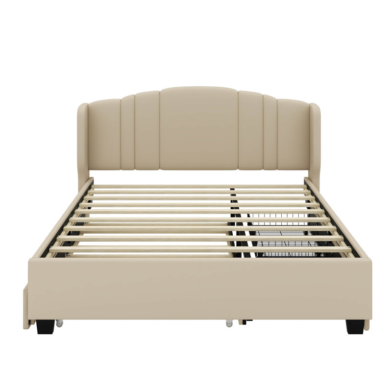 Queen Size Upholstered Platform Bed With Wingback Headboard, Trundle And Drawers, Beige