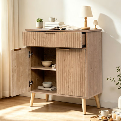 Armoire de cuisine, tablettes réglables, rangement à 1 tiroir et 2 portes, armoire avec pieds en bois massif, buffet de plancher pour le salon, le salon, la cuisine, le vestibule (couleur naturelle)