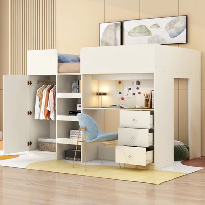 Lit mezzanine double en bois avec garde-robe intégrée, bureau, tablettes et tiroirs de rangement, beige