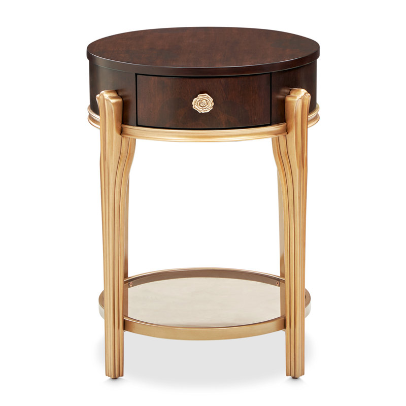 Round Dark Brown Wood and Glass End Table with Storage
