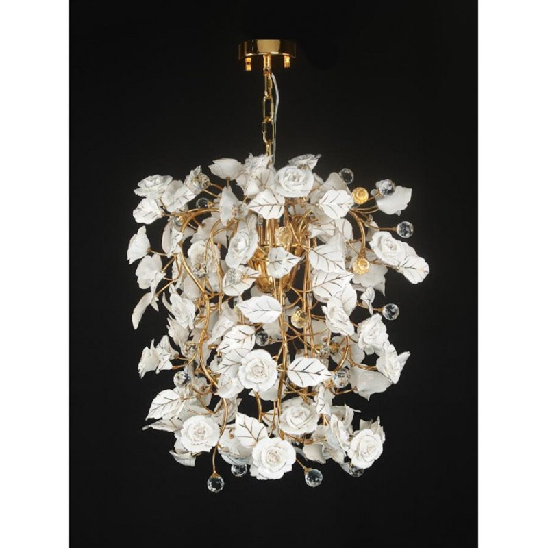 Lumière unique avec fontaine de roses et lustre en porcelaine de Murano, Or antique, H 40 po x l 22 po x P 22 po, Blanc mat