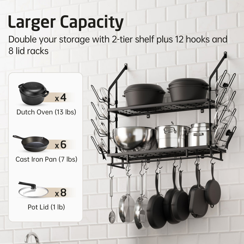Wall Mounted Kitchen 2-Tier 30-Inch Pan Pot Rack With 8 Secure Lid Holders and 12 Sturdy Hooks