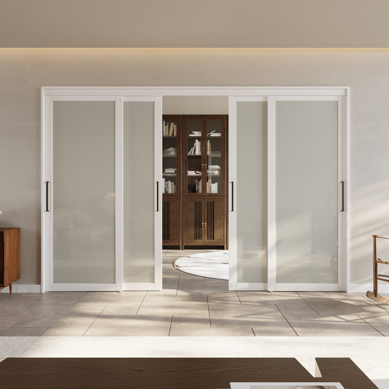  120"x80"H Full Lite Frosted Tempered Glass Room Divider Double Sliding Closet Door with Hardware & Handles, 120" x 80"
