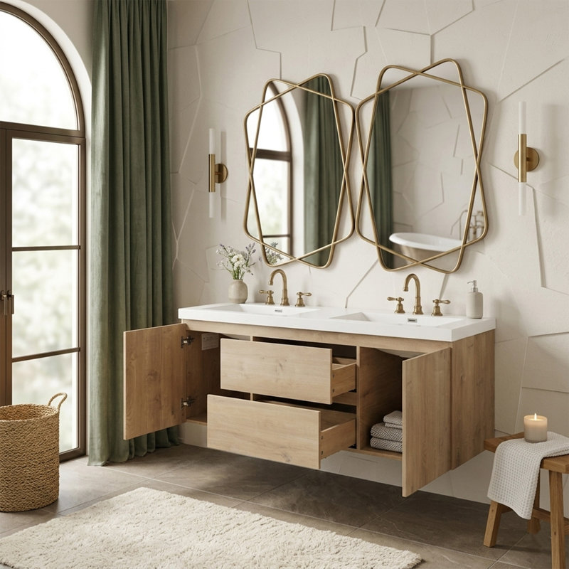 Meuble-lavabo double 59,3 po avec plateau SMC, tiroirs divisés, fixation murale, grande salle de bain