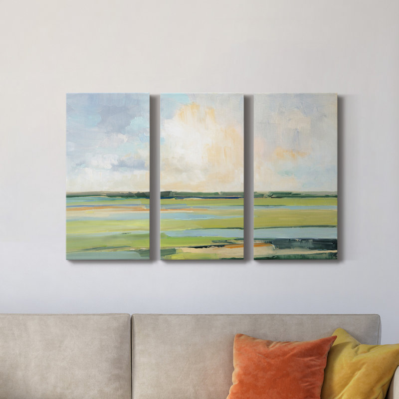 «Pastel Horizon I», peinture sur toile tendue 3 pièces, H 18 po x l 36 po x P 1 po