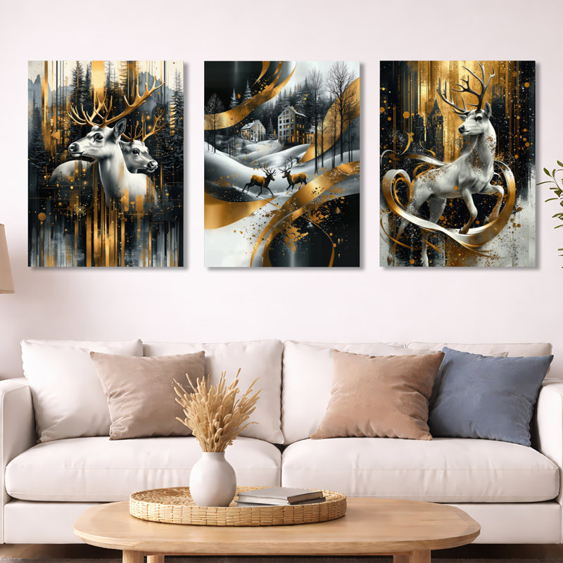Ensemble de 3 impressions murales Magic Gold et White Reindeer at Christmas I - Christmas Deer, 32" H x 72" W