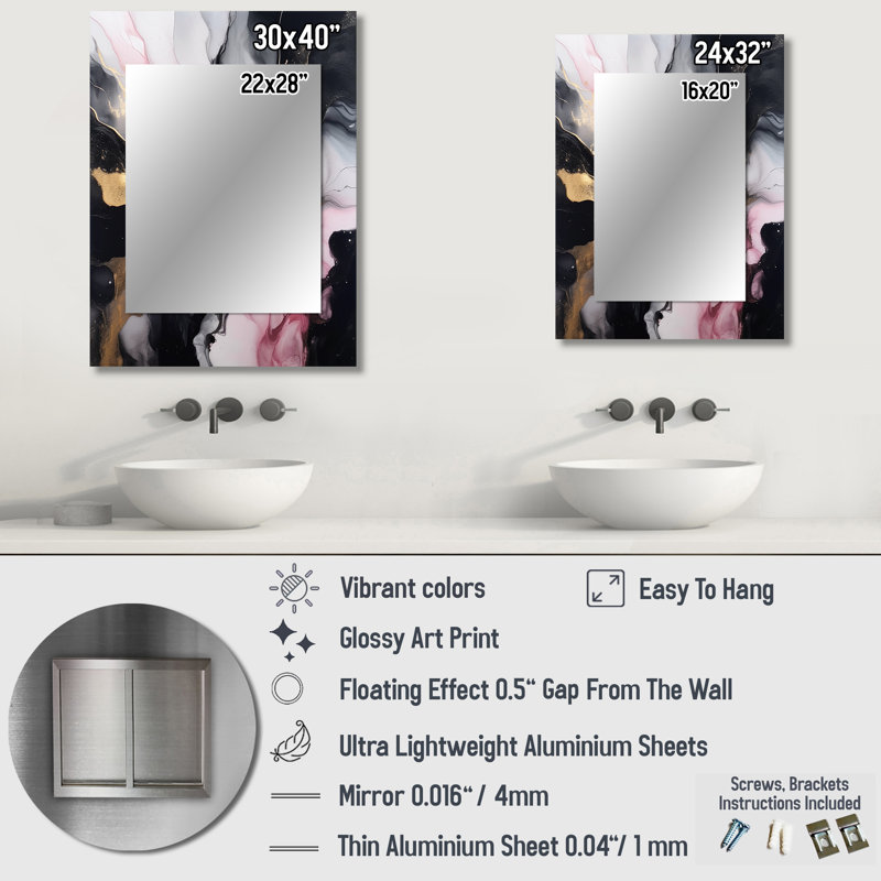 Black Gold Marble Splash II - miroir décoratif en marbre, grand miroir mural noir, impression d'art en métal, 40 po x 30 po