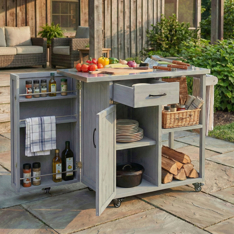 Outdoor Kitchen Island Fir Wood Prep Station, Lockable Kitchen Cart With Stainless Steel Top, Storage, Towel & Spice Racks For Patio