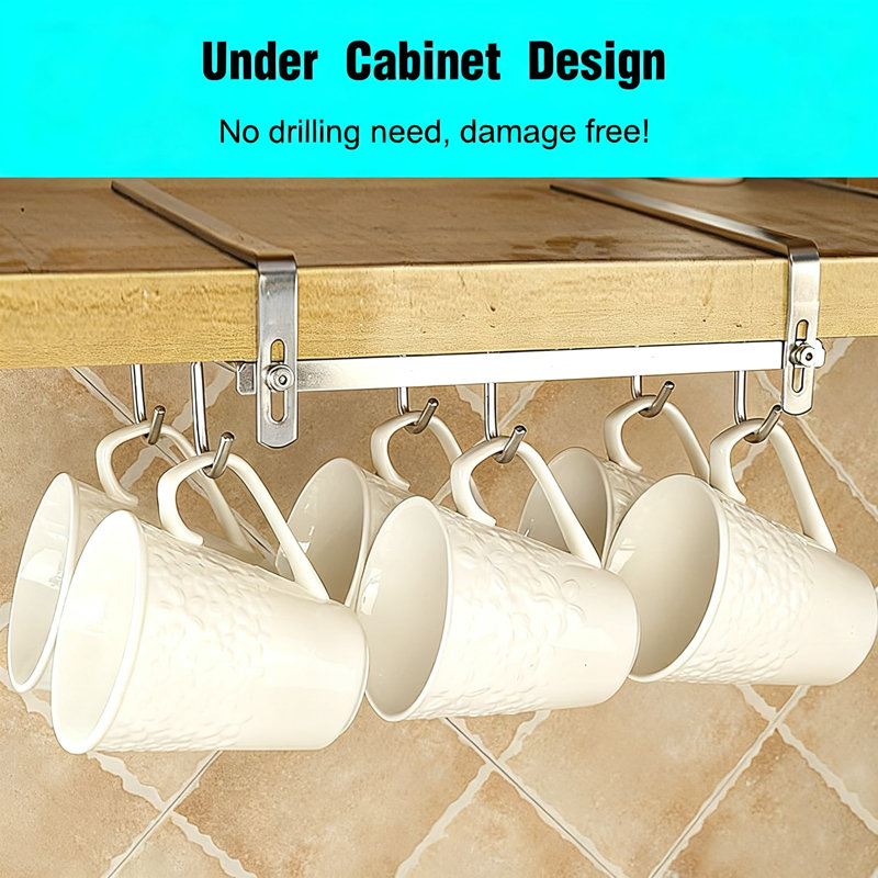Mug Holder With 9 Hooks, Hanging Coffee Mug Rack, (Silver)