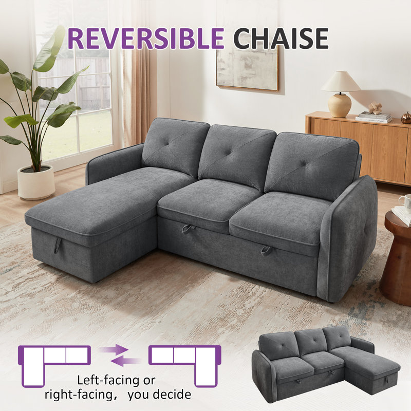 90.9'' L-Shaped Pull-Out Sofa Bed, Gray Polyester