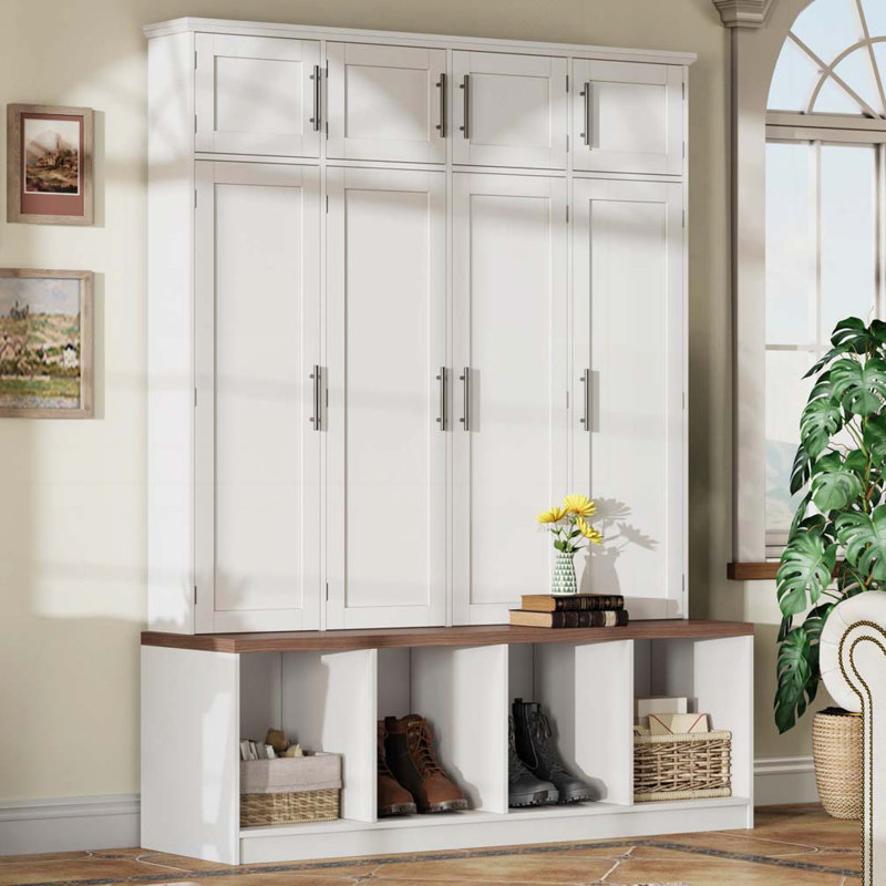 Farmhouse Hall Tree with 4 Hidden Hooks, Walnut Seating Bench, 8-Door Shoe Cabinet & Open Compartments for Entryway, White