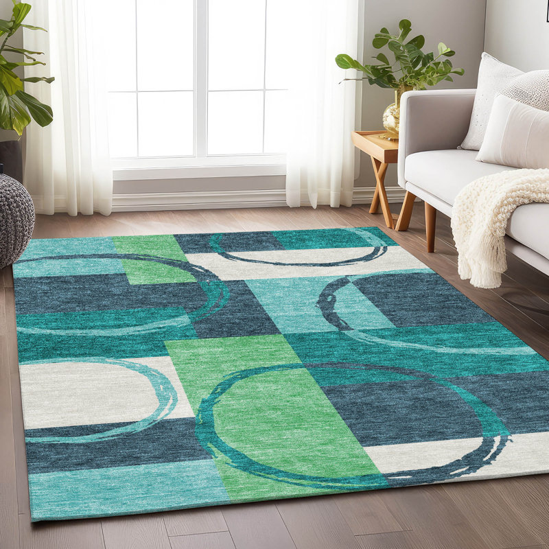 Tapis bleu sarcelle lavable à la machine de qualité supérieure Prisco, Rectangulaire 8 pi x 10 pi