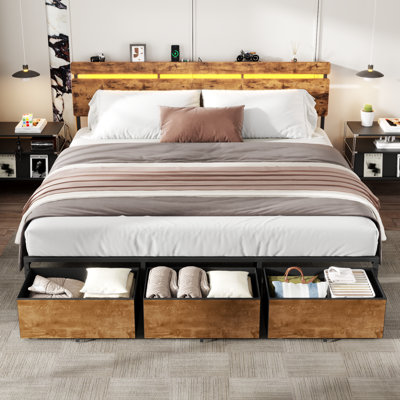 King Bed with 3 Drawers and Open Storage Headboard, Adjustable LED Light and Charging Station, No Box Spring Needed