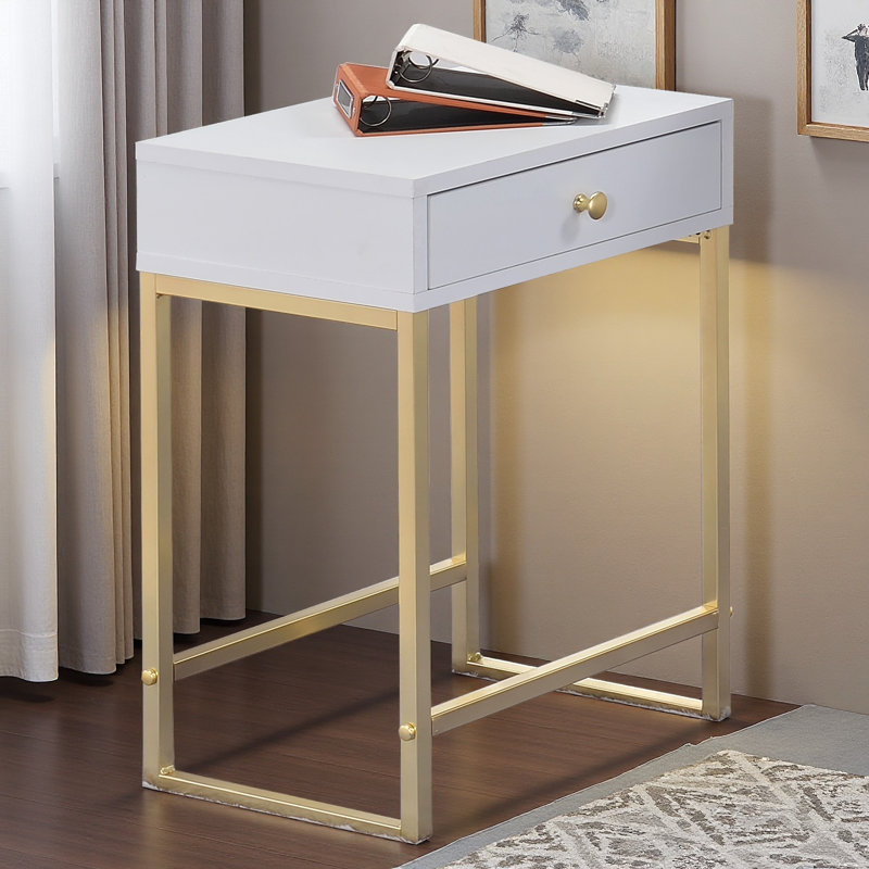 Modern End Table With Drawer - White & Brass Accent Table For Living Room, Bedroom, Entryway | Space-saving, Sturdy Design