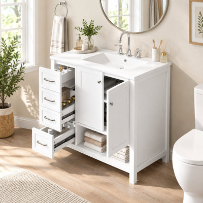Meuble-lavabo autoportant de 36 pouces avec lavabo en céramique, bois massif et panneau de fibres à densité moyenne, 2 portes et 2 tiroirs, tablette ouverte (livré dans 2 boîtes)
