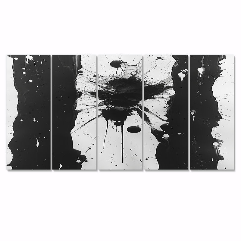 Sudden Chaos - ensemble de 5 décorations murales abstraites noires et blanches à l'encre liquide, H 28 po x l 60 po