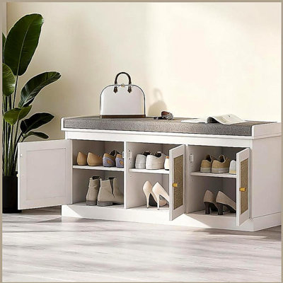 Shoe Storage Bench with Woven Rattan Doors, Shoe Bench with Cushion