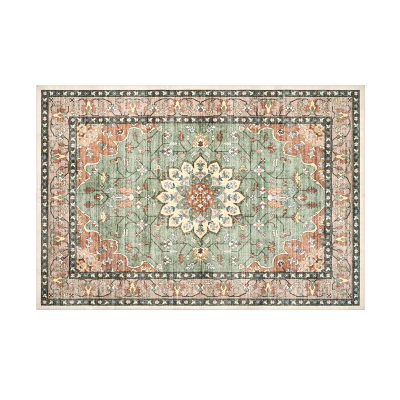 9 po x 12 pi Tapis rétro lavable à poils courts Tapis antidérapant à médaillon oriental pour salon / chambre à coucher
