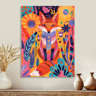 Renard boho coloré dans une forêt rétro, art mural animal, salon
