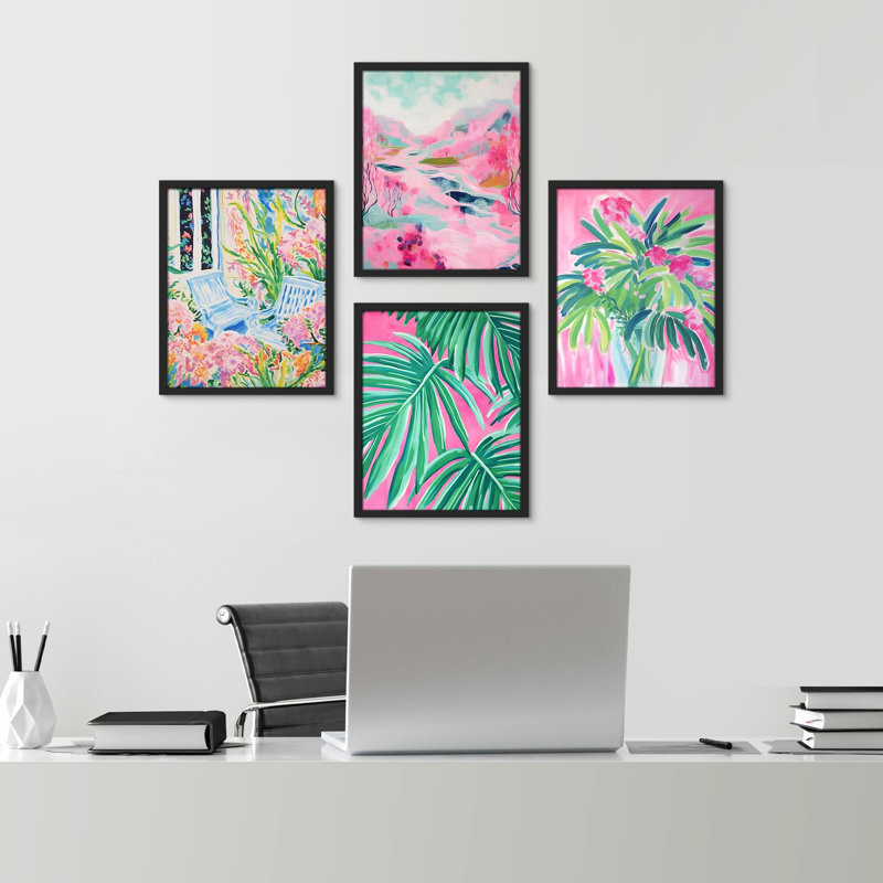 " Tropical And Floral Bright Botanical " 4 - Pieces, Black, 16" H x 12" W