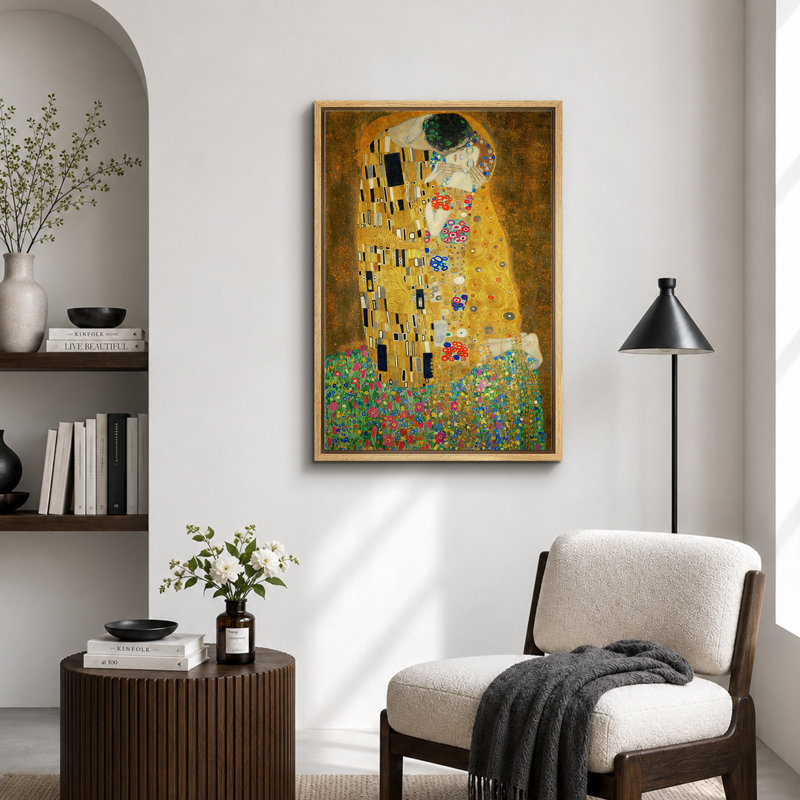Célèbre œuvre d'art «The Kiss» par Gustav Klimt, H 24 po x l 16 po, Reproduction avec cadre flottant, Naturel