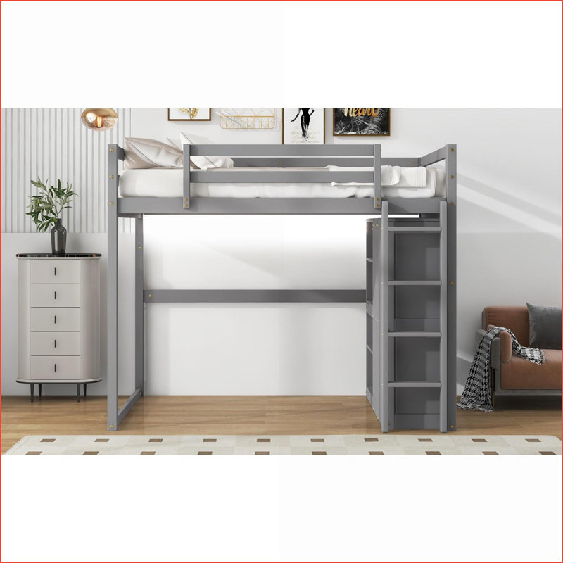 Bois de pin pleine grandeur Lit mezzanine en panneau de fibres à densité moyenne avec garde-robe intégré, tablettes de rangement et amp; Lumière DEL - Gris, peu encombrante pour les chambres