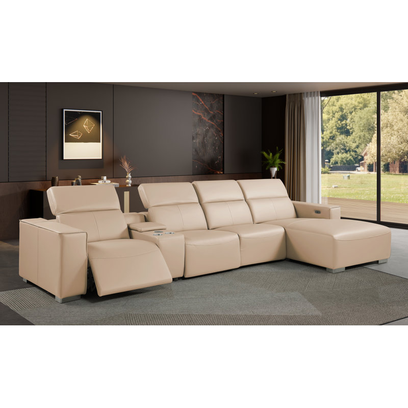 Canapé modulaire beige en cuir véritable 5 pièces faisant face à droite avec 1 fauteuil inclinable électrique et appuis-tête réglables